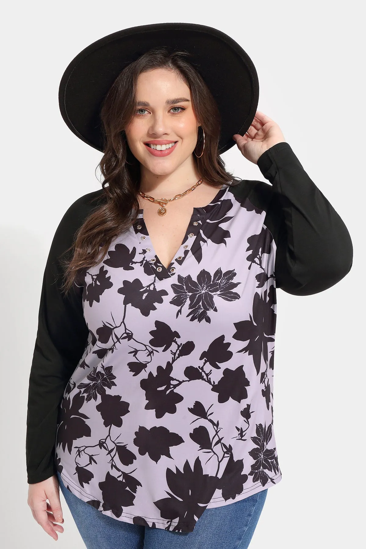 Colorblock Floral Print V-neck Long Sleeve Shirt