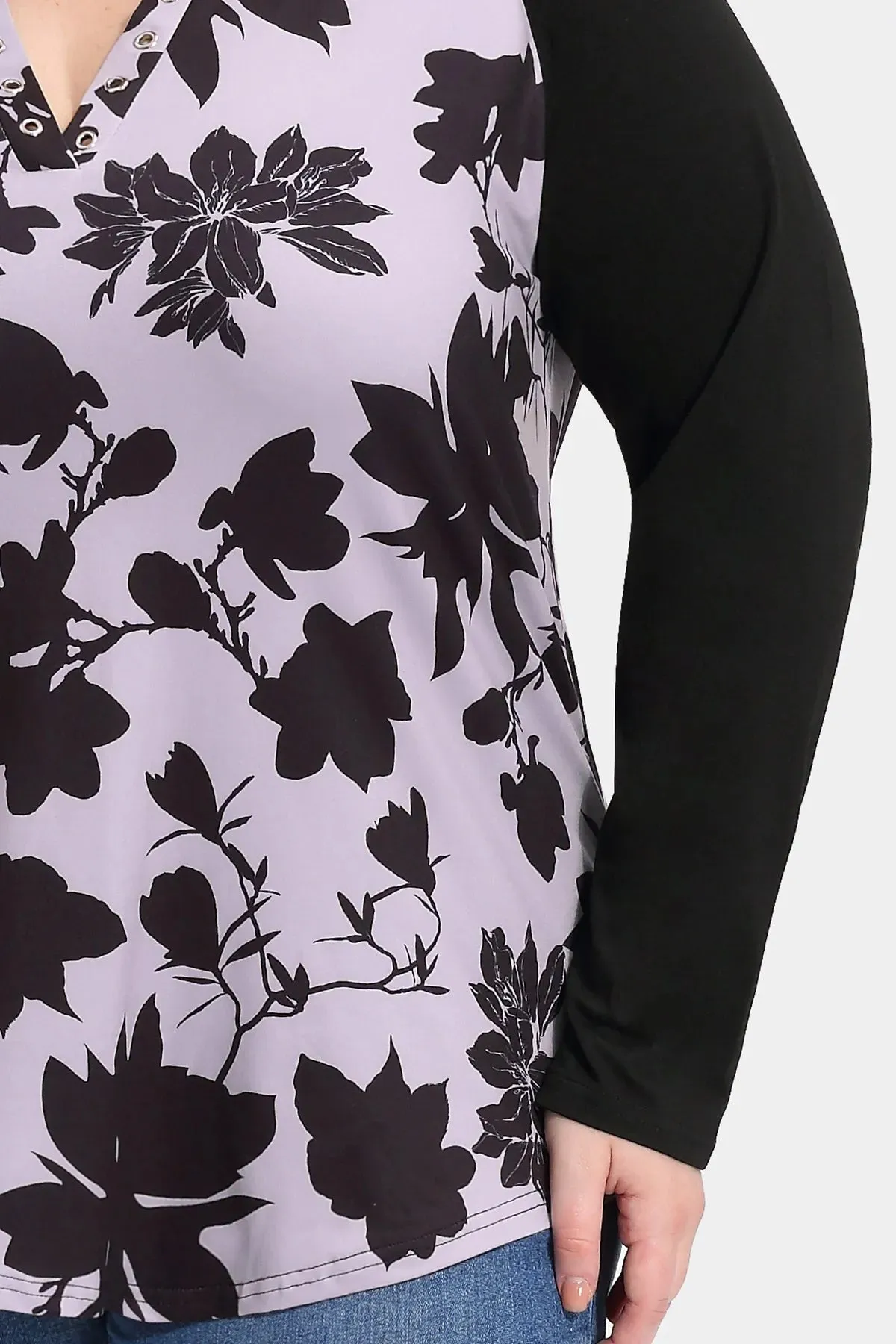 Colorblock Floral Print V-neck Long Sleeve Shirt