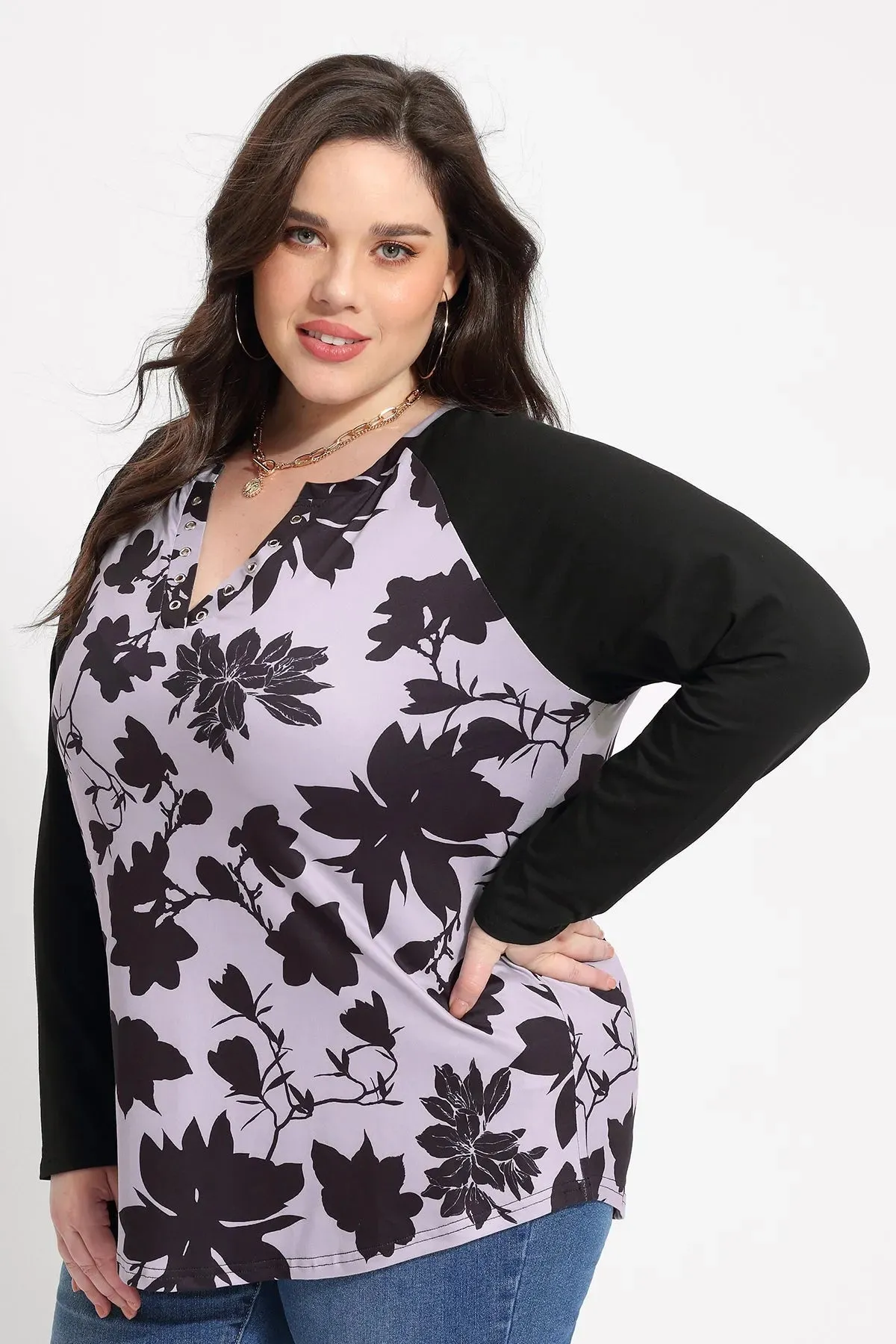Colorblock Floral Print V-neck Long Sleeve Shirt