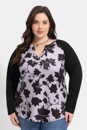 Colorblock Floral Print V-neck Long Sleeve Shirt