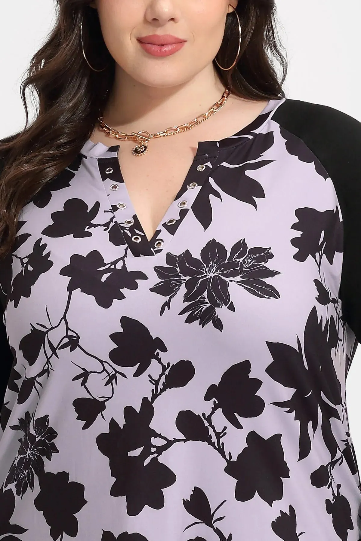 Colorblock Floral Print V-neck Long Sleeve Shirt