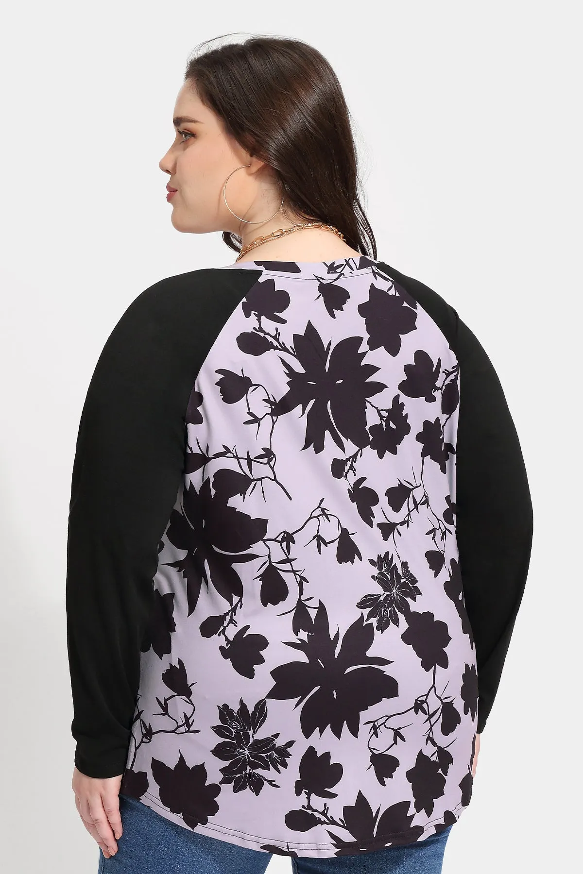 Colorblock Floral Print V-neck Long Sleeve Shirt