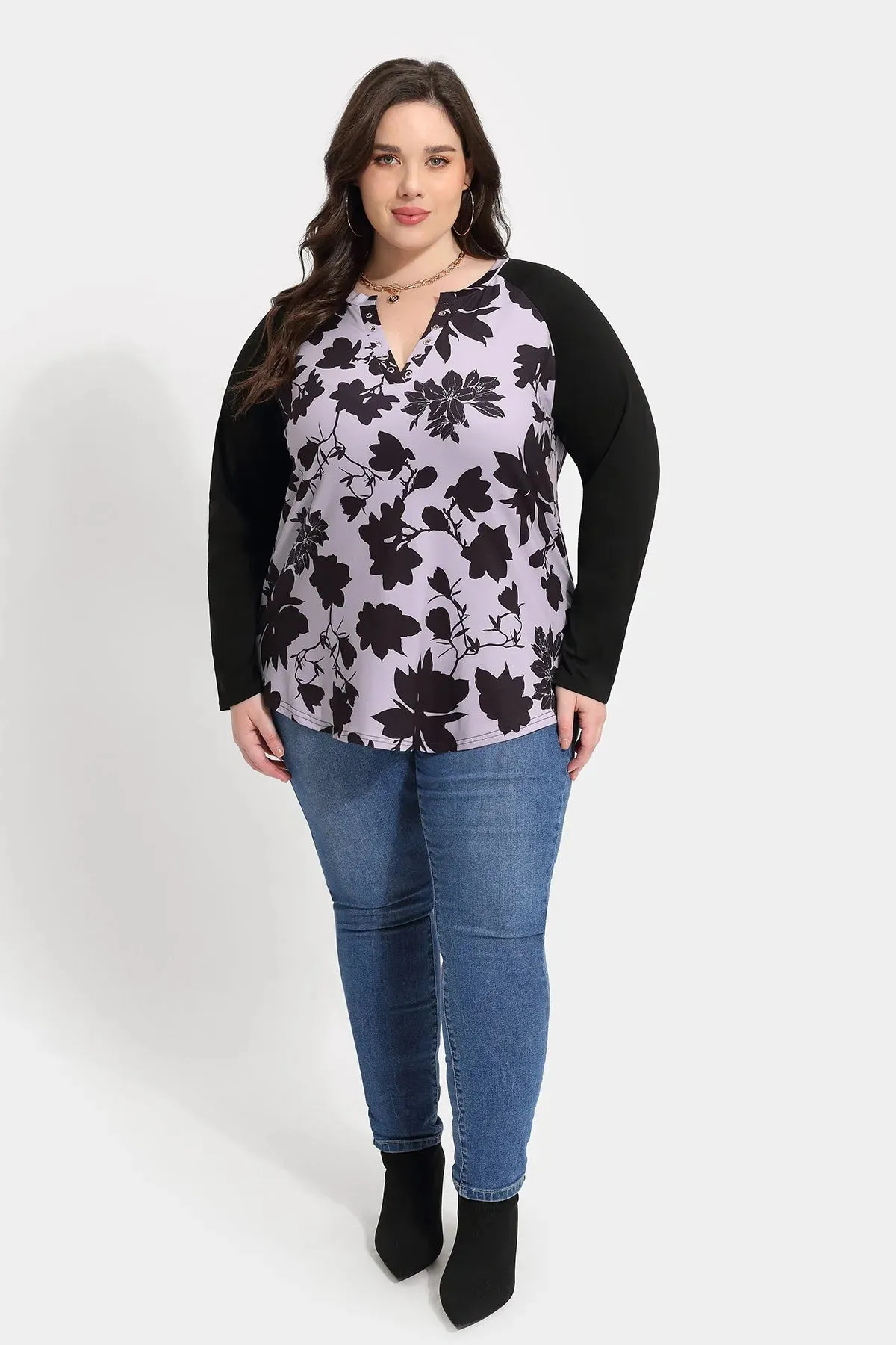 Colorblock Floral Print V-neck Long Sleeve Shirt