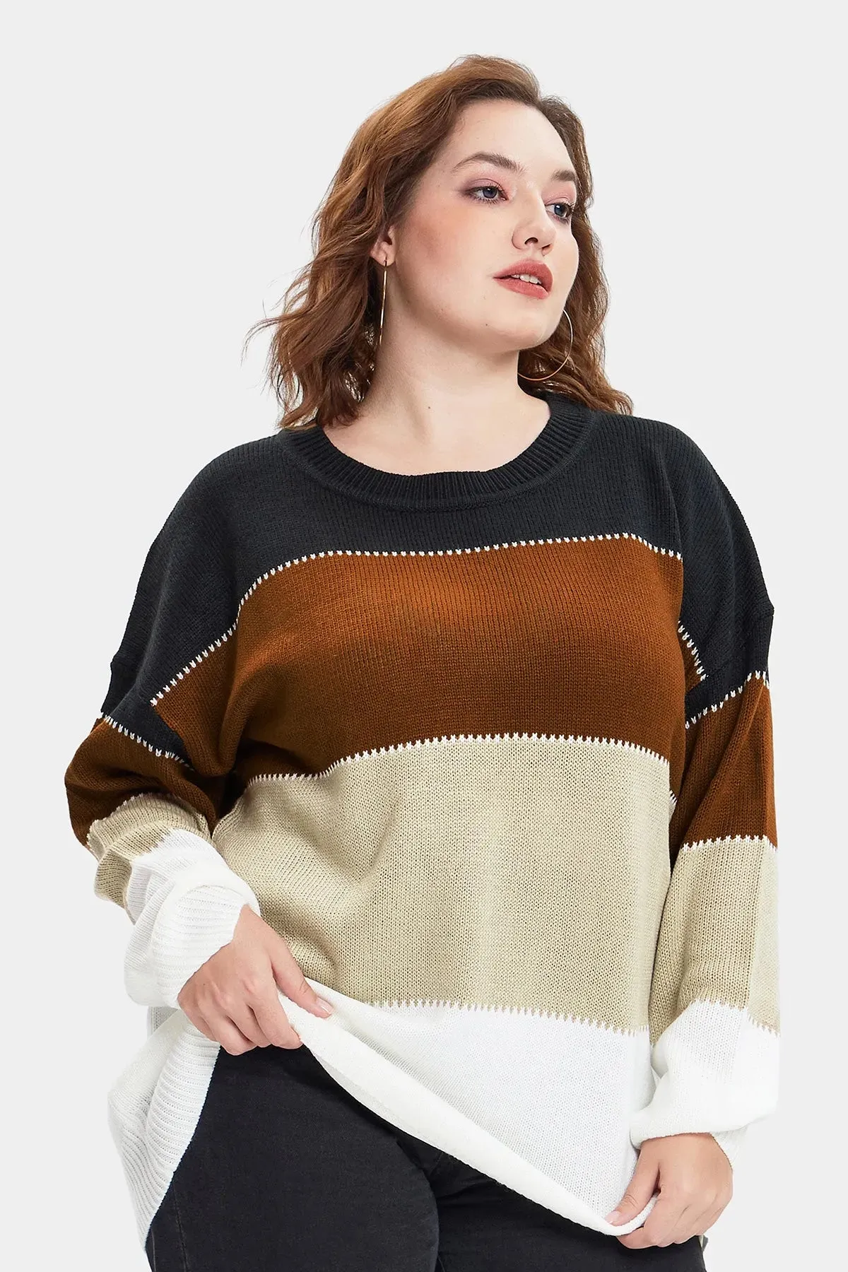 Colorblock Knit Layered Crew Neck Sweater