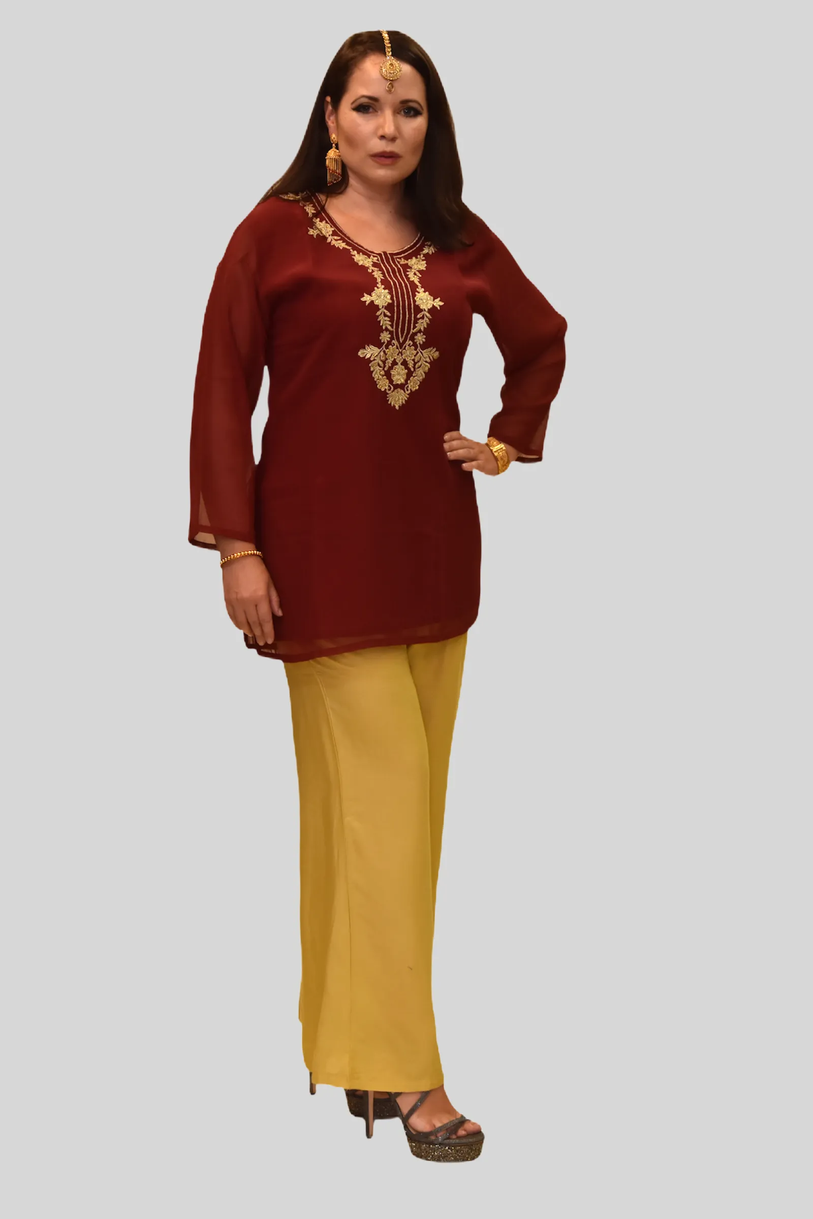 Cotton Chiffon Rosewood Red Embroidered Kurti
