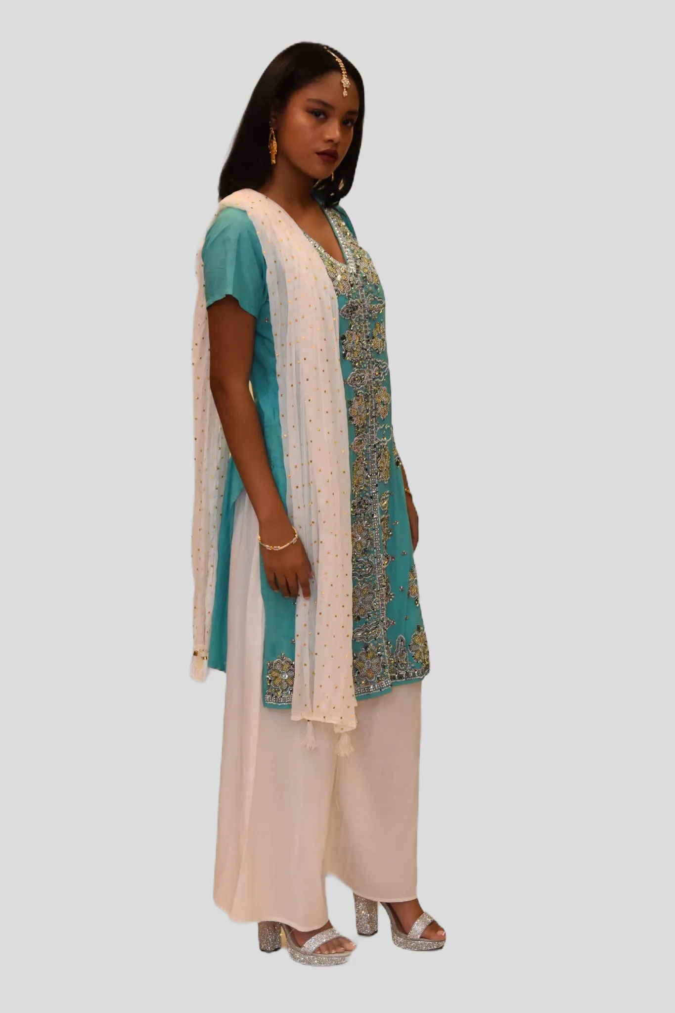 Cotton Silk Tiffany Blue Embroidered Kurti
