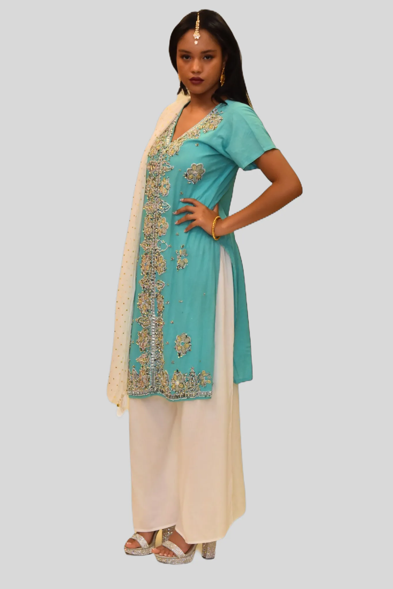 Cotton Silk Tiffany Blue Embroidered Kurti