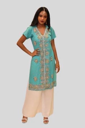 Cotton Silk Tiffany Blue Embroidered Kurti