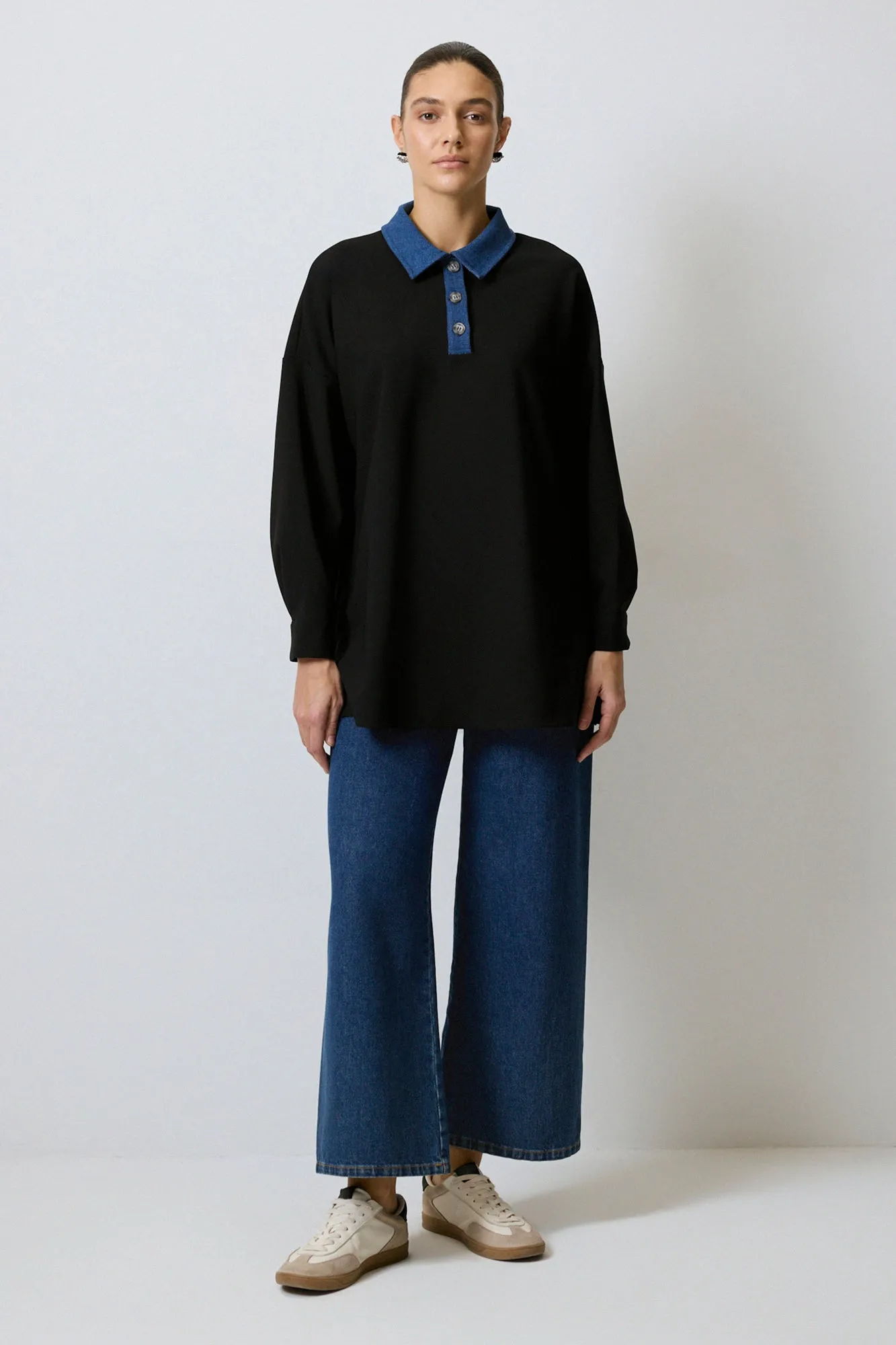 CREPE TUNIC WITH DENIM COLLAR