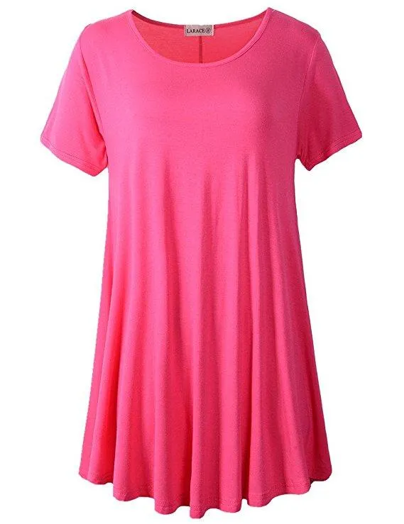 Crew Neck Short Sleeves Flare Tunic Blouse - LARACE 8031