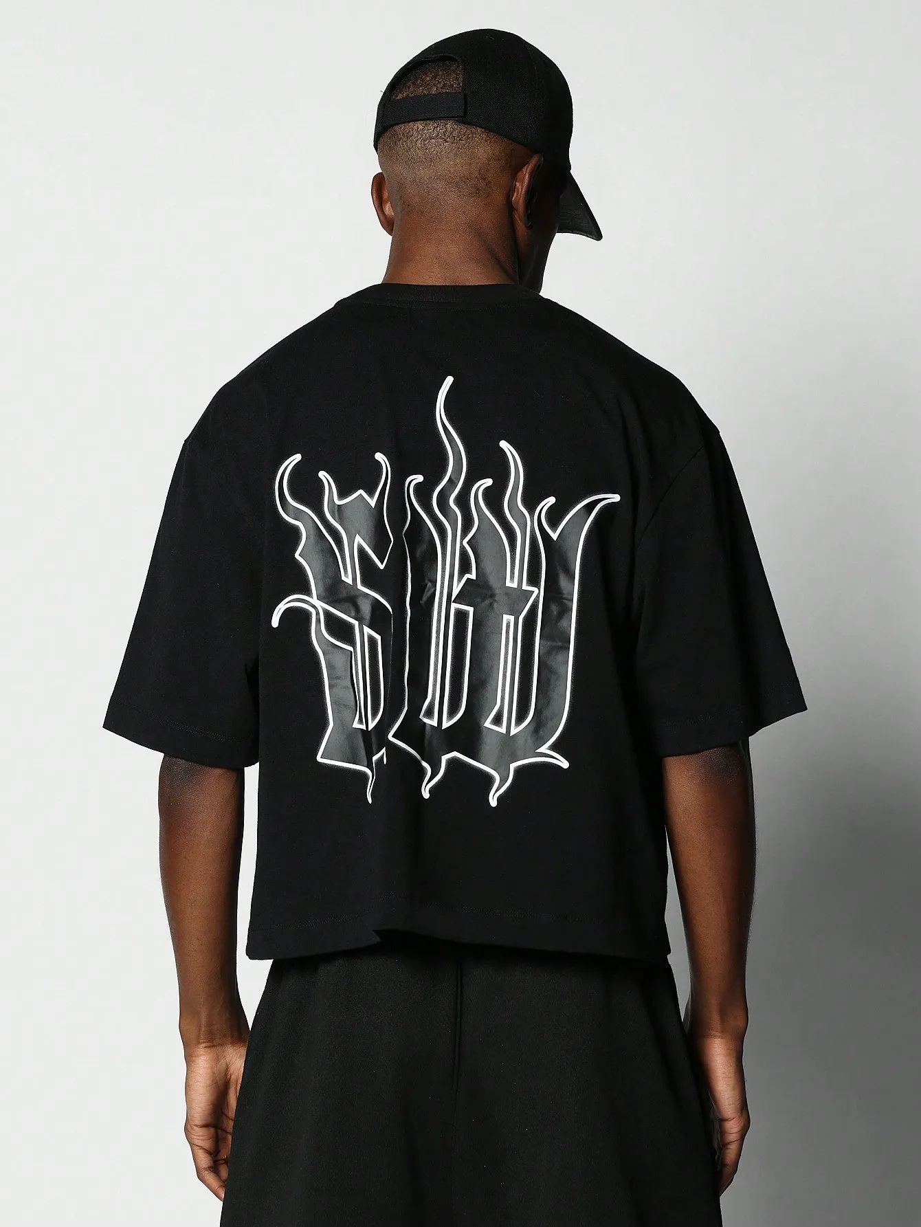 Crop Fit Tee With Back Flame Logo Graphic Print