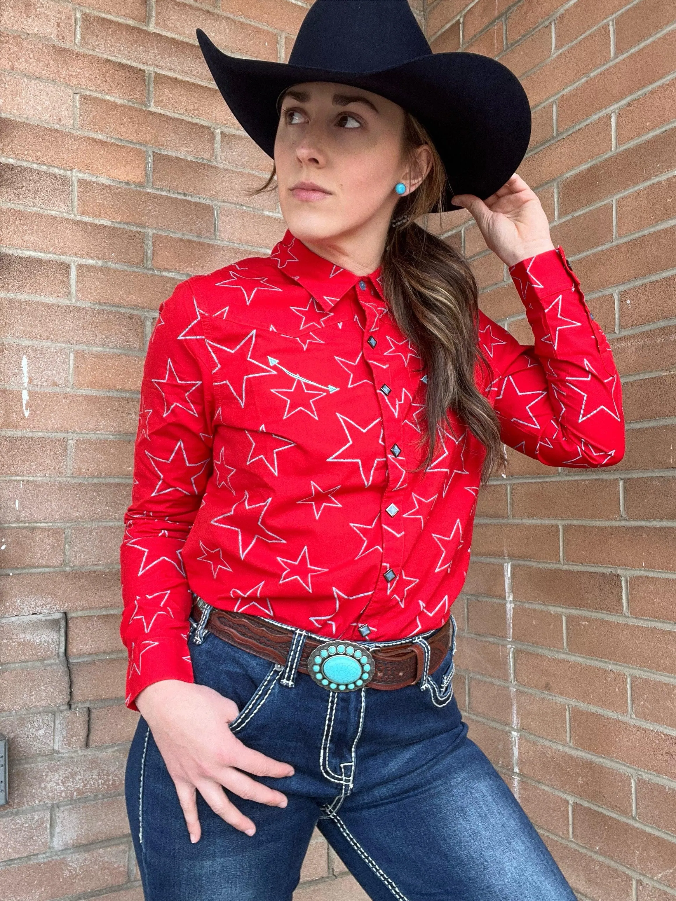 Cruel Denim Women's Red Stars Snap Long Sleeve Western Shirt CTW7325006