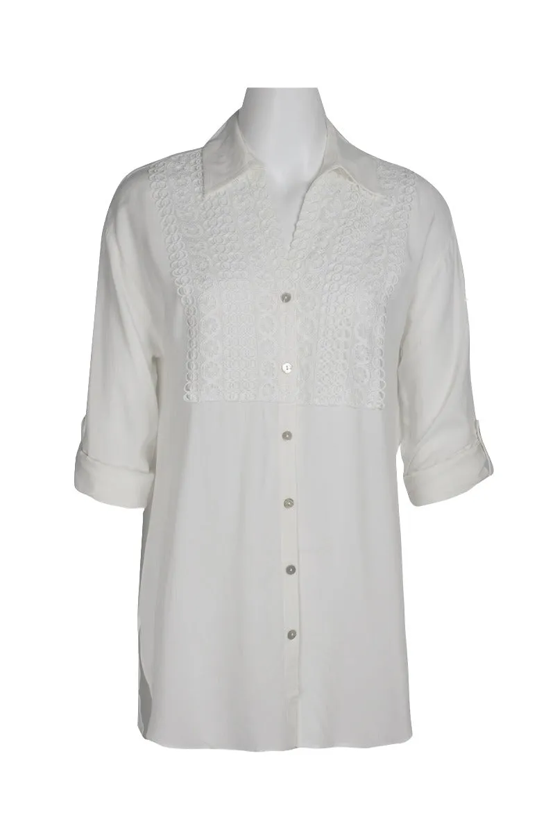 Cupio Collared Button Down 2 Way Sleeve Embellished Hi-Low Hem Viscose Top