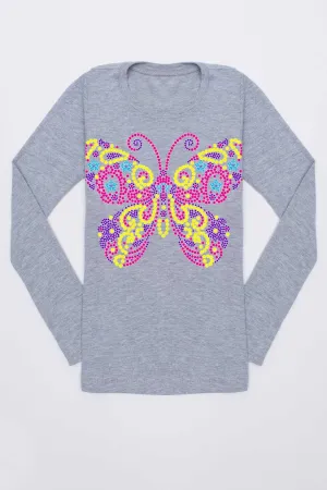 Cute Butterfly Grey Long Sleeve Trendy Tee - Girls