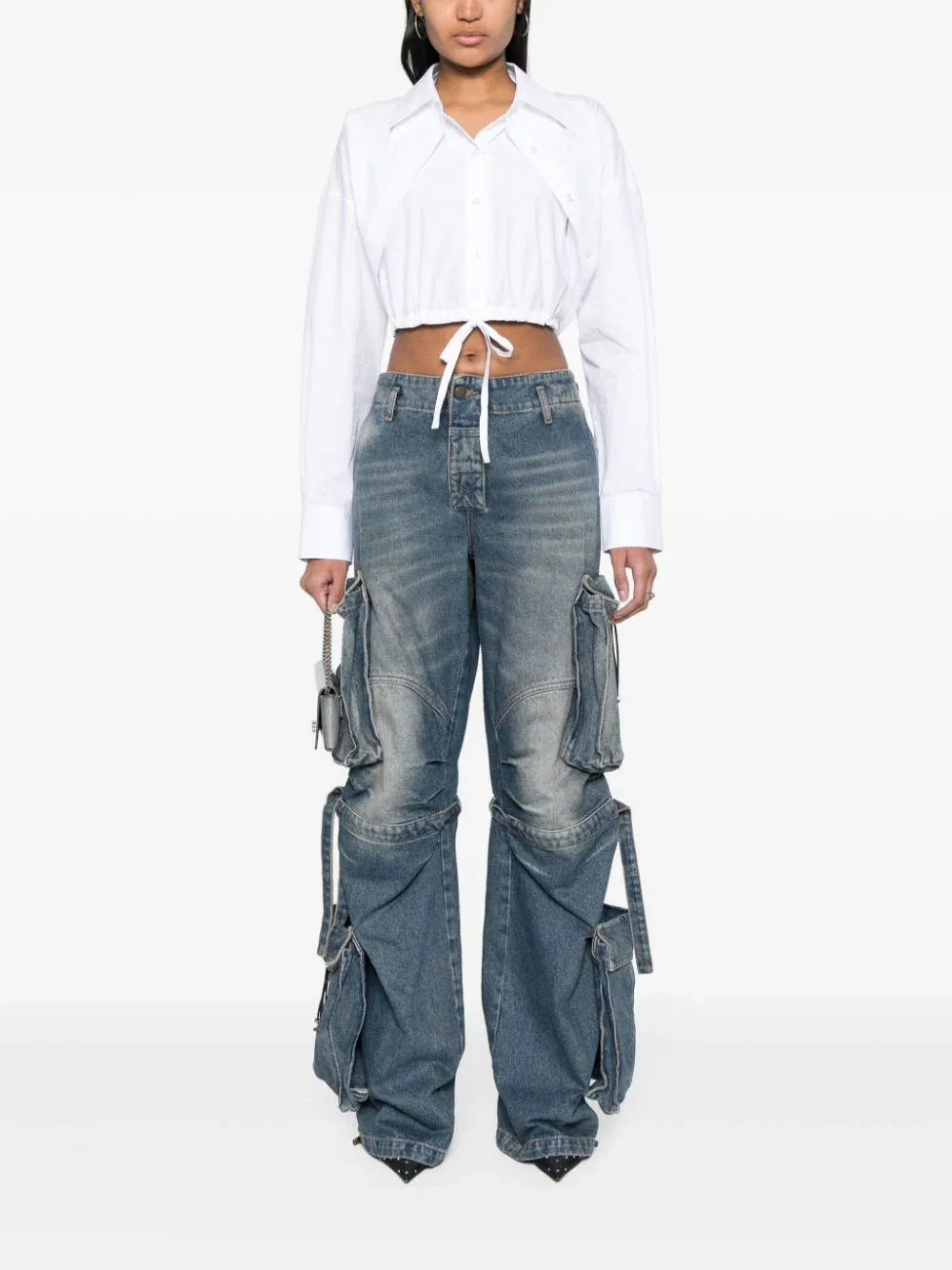 Double Layered Cropped Shirt In Compact Cotton With Tie Waistband