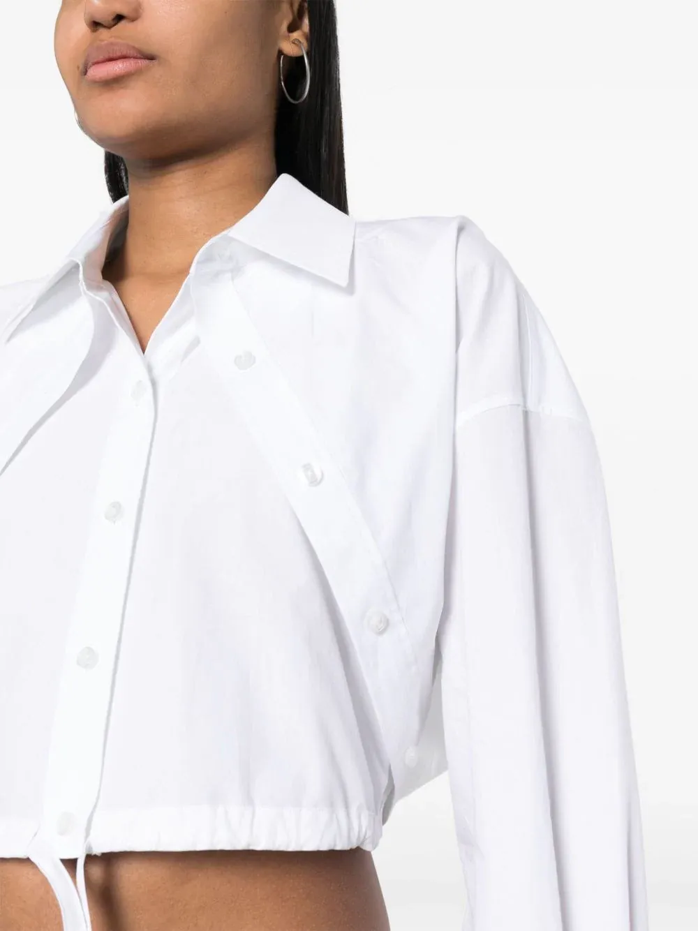 Double Layered Cropped Shirt In Compact Cotton With Tie Waistband
