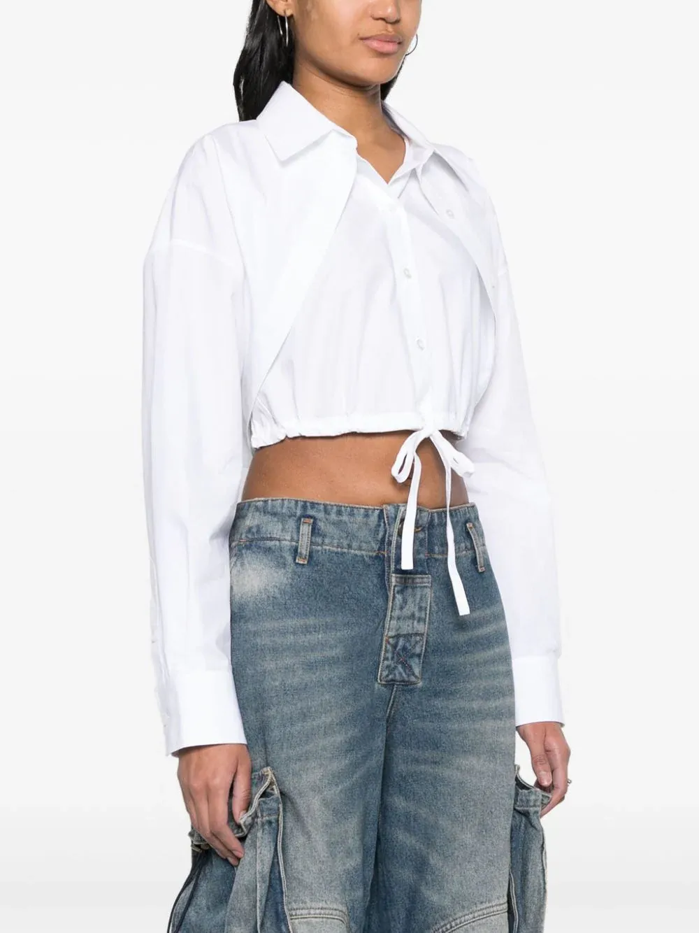 Double Layered Cropped Shirt In Compact Cotton With Tie Waistband