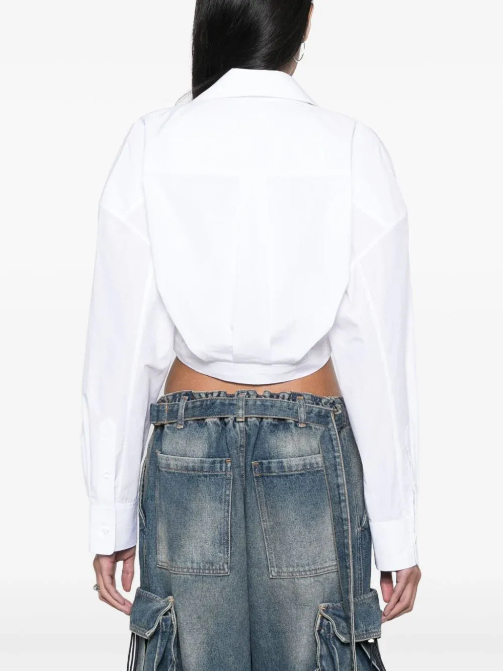 Double Layered Cropped Shirt In Compact Cotton With Tie Waistband