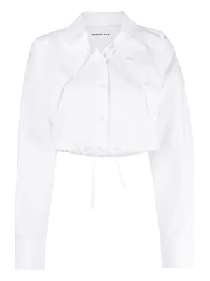 Double Layered Cropped Shirt In Compact Cotton With Tie Waistband