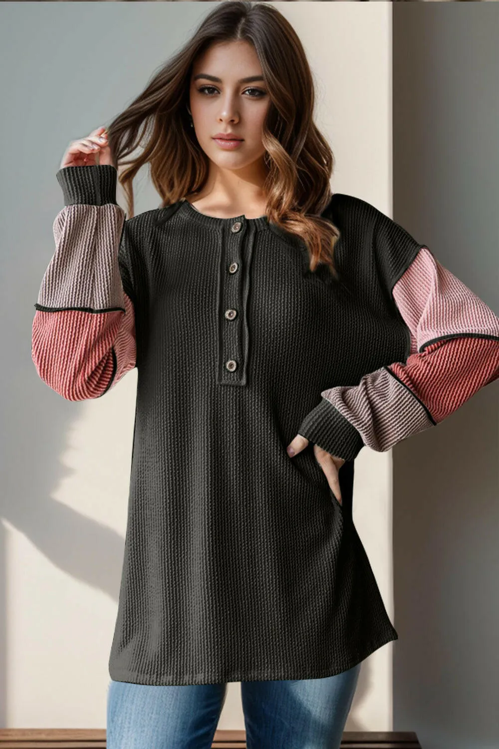 Double Take Full Size Color Block Round Neck Long Sleeve Top