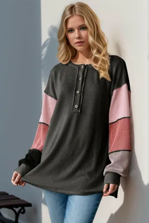 Double Take Full Size Color Block Round Neck Long Sleeve Top