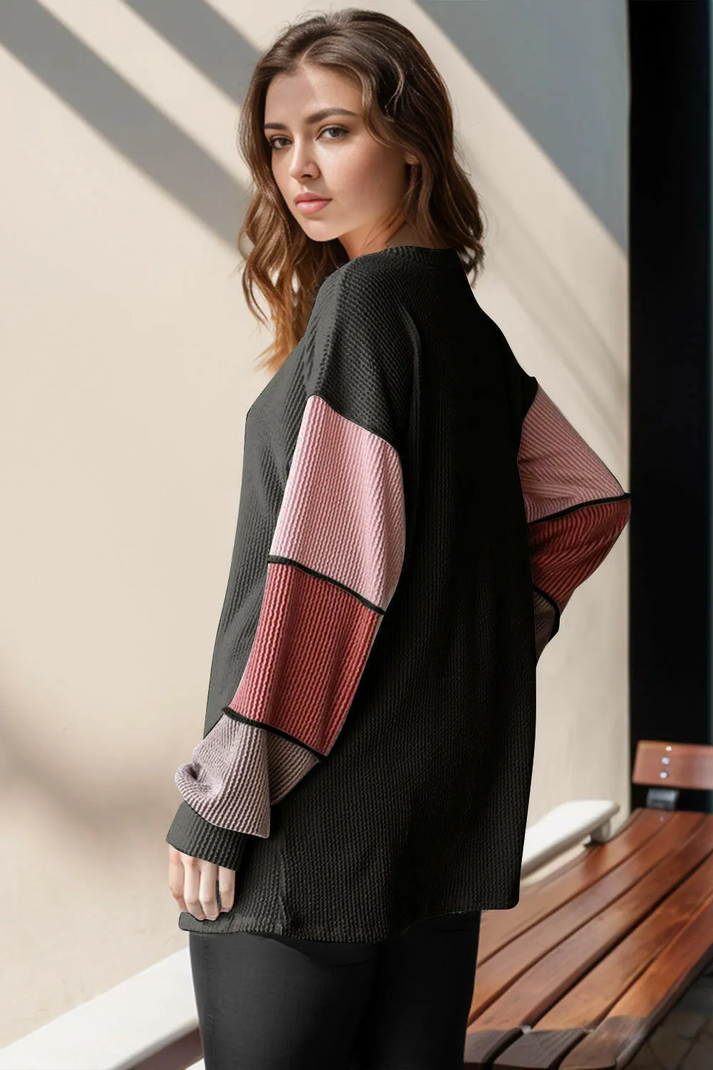 Double Take Full Size Color Block Round Neck Long Sleeve Top