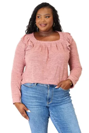 Double Take Square Neck Ruffle Shoulder Long Sleeve T-Shirt