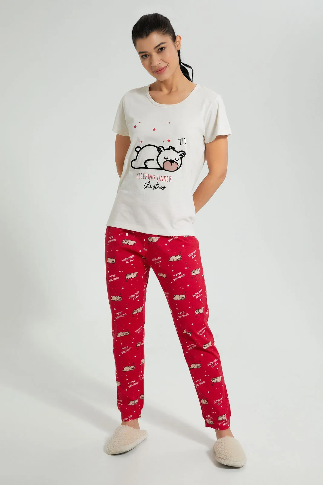 Ecru And Red Bear Pyjama Set (2 Piece)