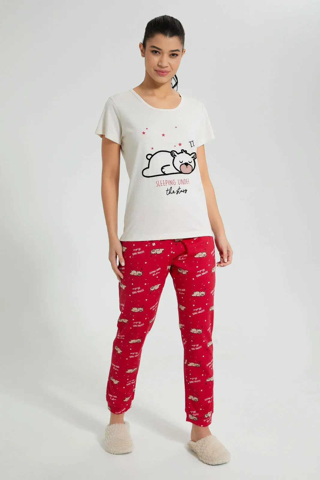Ecru And Red Bear Pyjama Set (2 Piece)