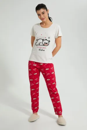 Ecru And Red Bear Pyjama Set (2 Piece)