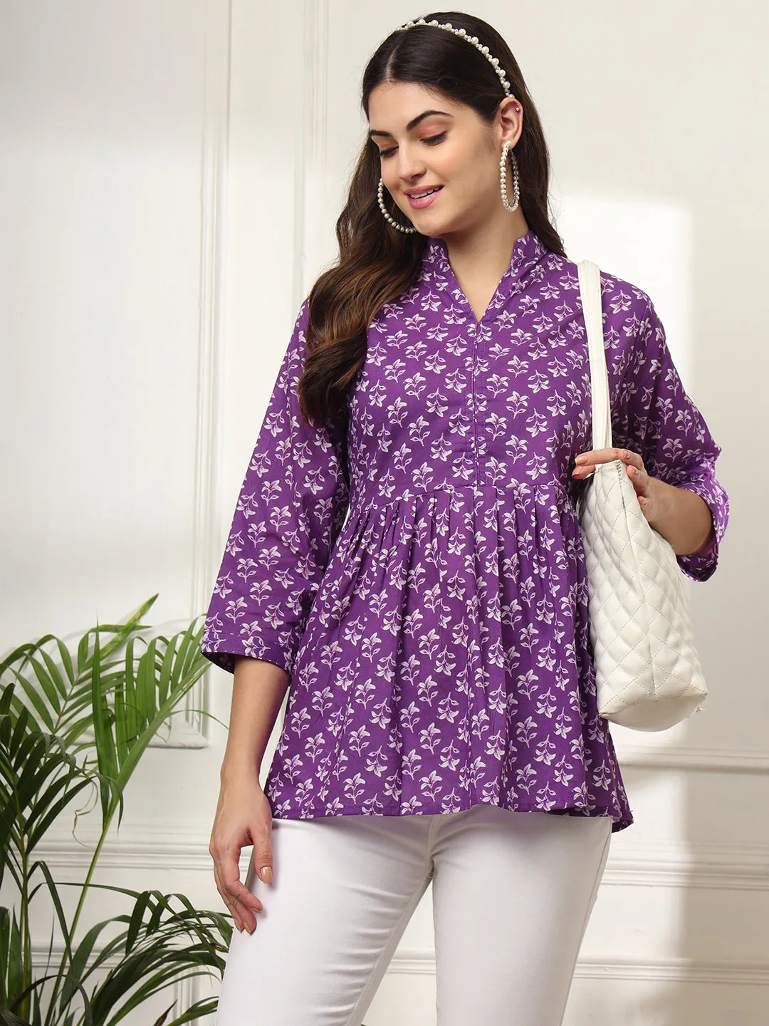 Ekisha's women purple beautiful designer floral printed cotton tunic top short kurti