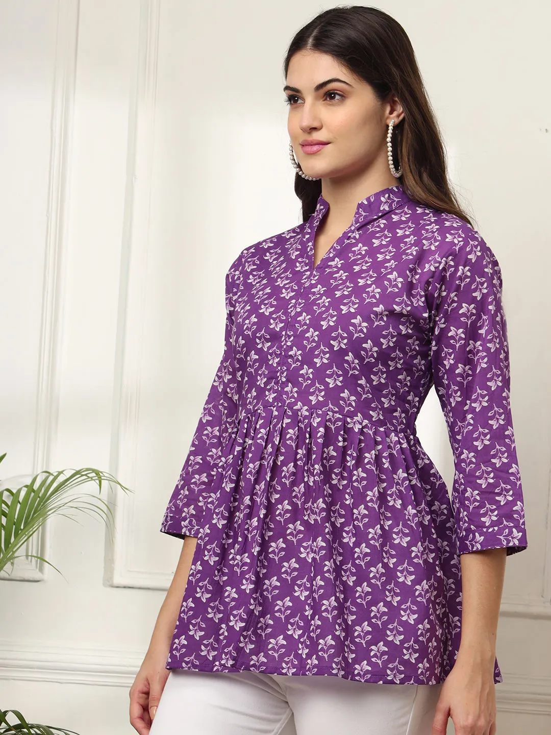 Ekisha's women purple beautiful designer floral printed cotton tunic top short kurti