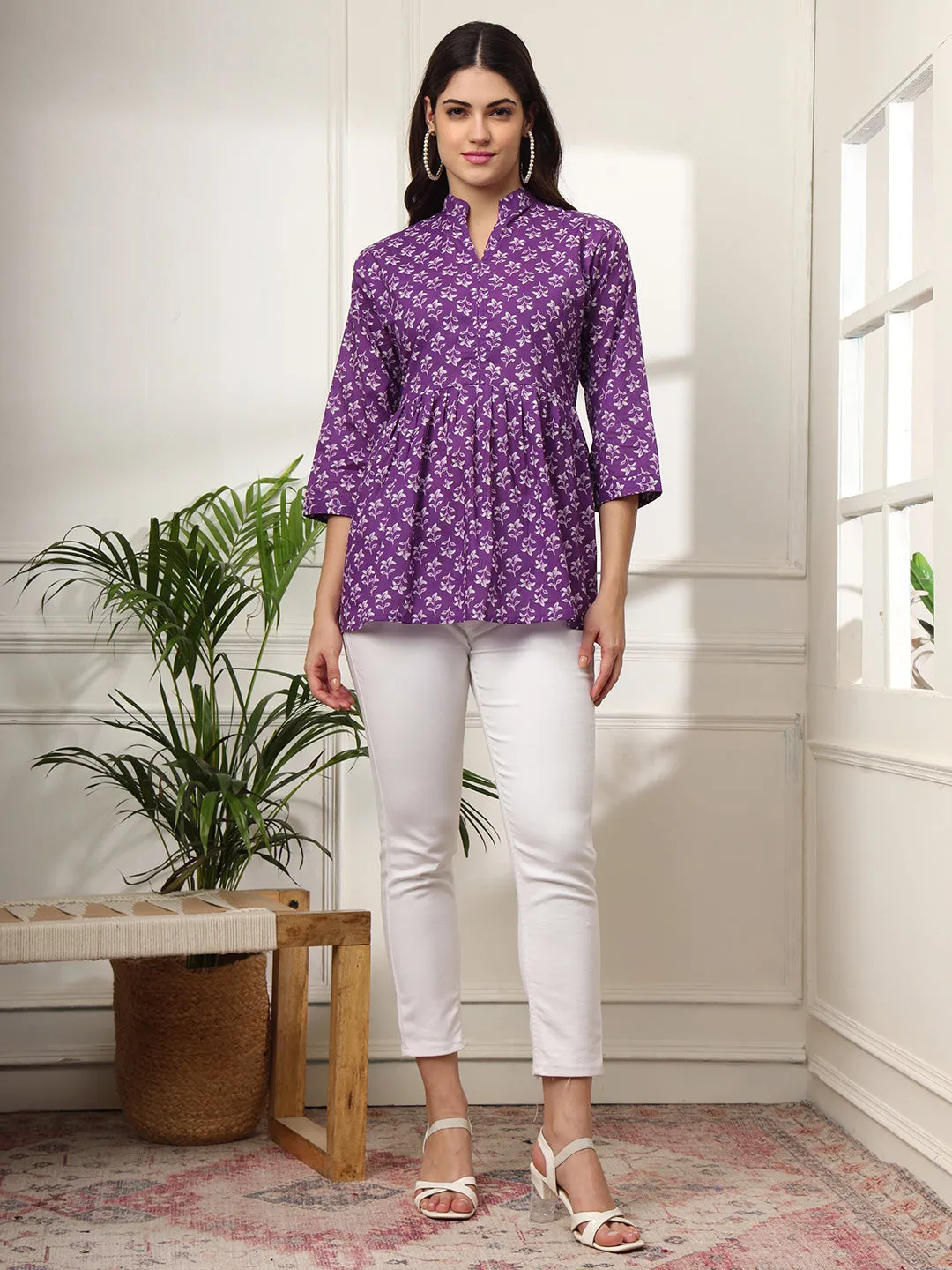 Ekisha's women purple beautiful designer floral printed cotton tunic top short kurti
