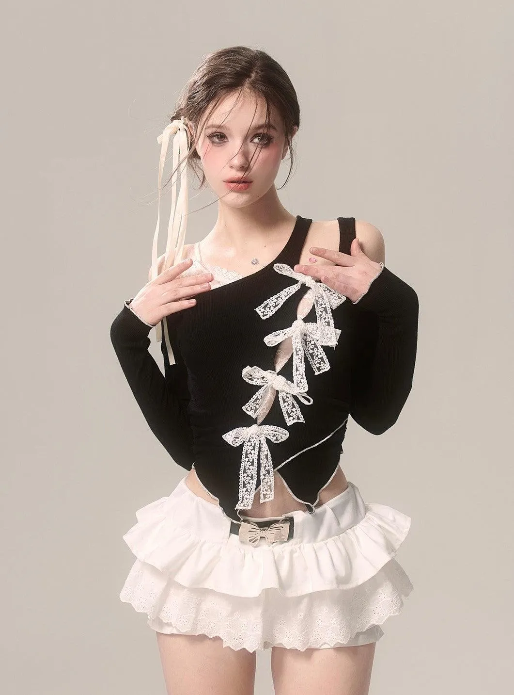 Elegant Off-Shoulder Lace Long Sleeve Bow T-Shirt
