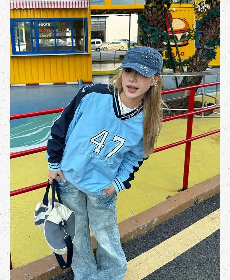 Embroidered Jersey V-Neck Long Sleeve T-Shirt