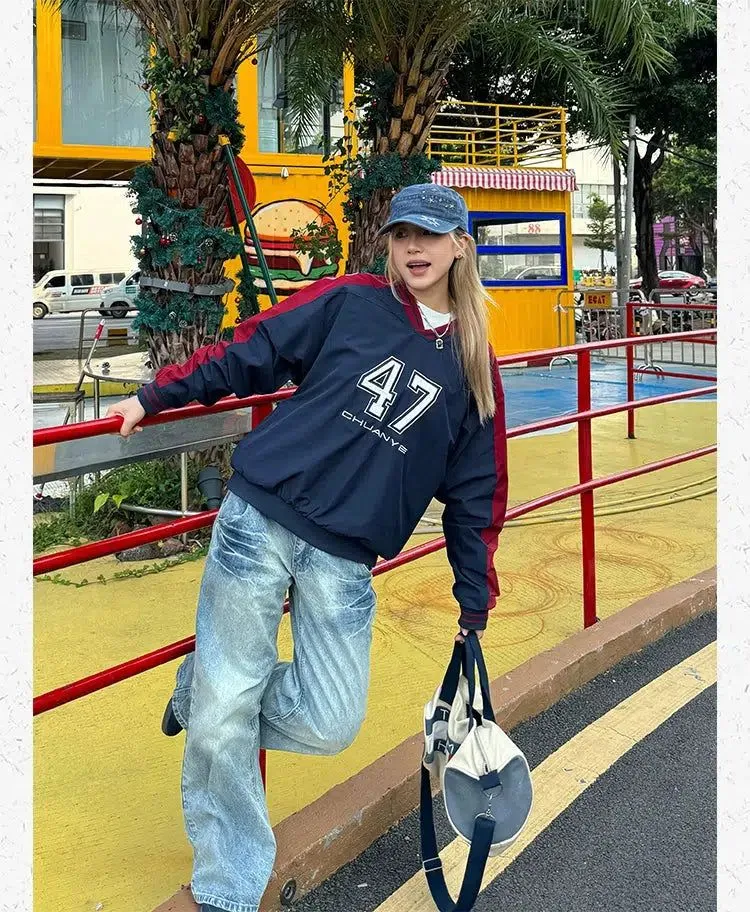 Embroidered Jersey V-Neck Long Sleeve T-Shirt