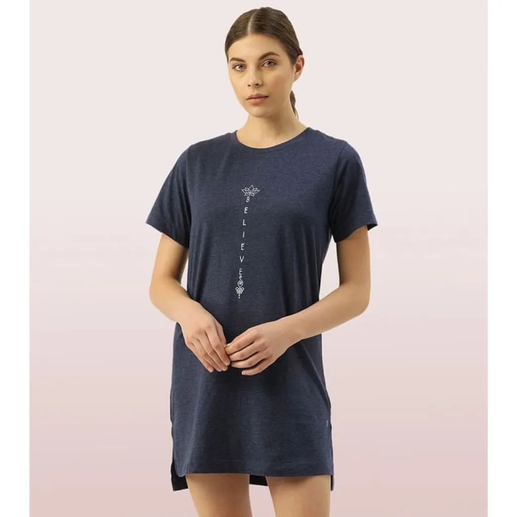 ENAMOR-E061 TUNIC TEE â€“ SOLID | SHORT SLEEVE TUNIC TEE WITH SIDE SLIT & MINDFUL GRAPHIC