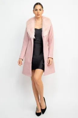faux fur collar belted trench coat