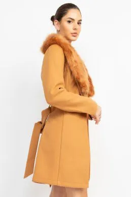 faux fur collar belted trench coat