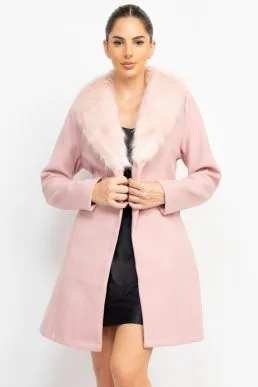 faux fur collar belted trench coat