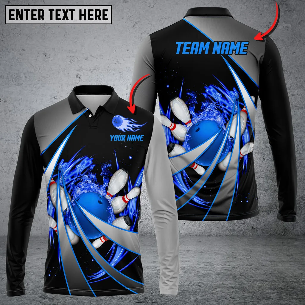 Flame Bowling And Pins Tornado Pattern Multicolor Option Customized Name Long Sleeve 3D Shirt, Idea Gift Bowling Shirt