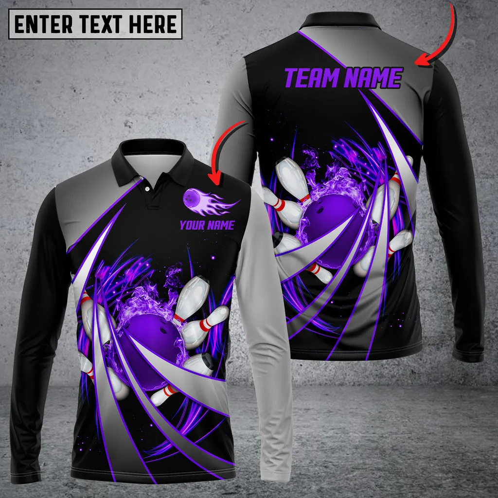 Flame Bowling And Pins Tornado Pattern Multicolor Option Customized Name Long Sleeve 3D Shirt, Idea Gift Bowling Shirt