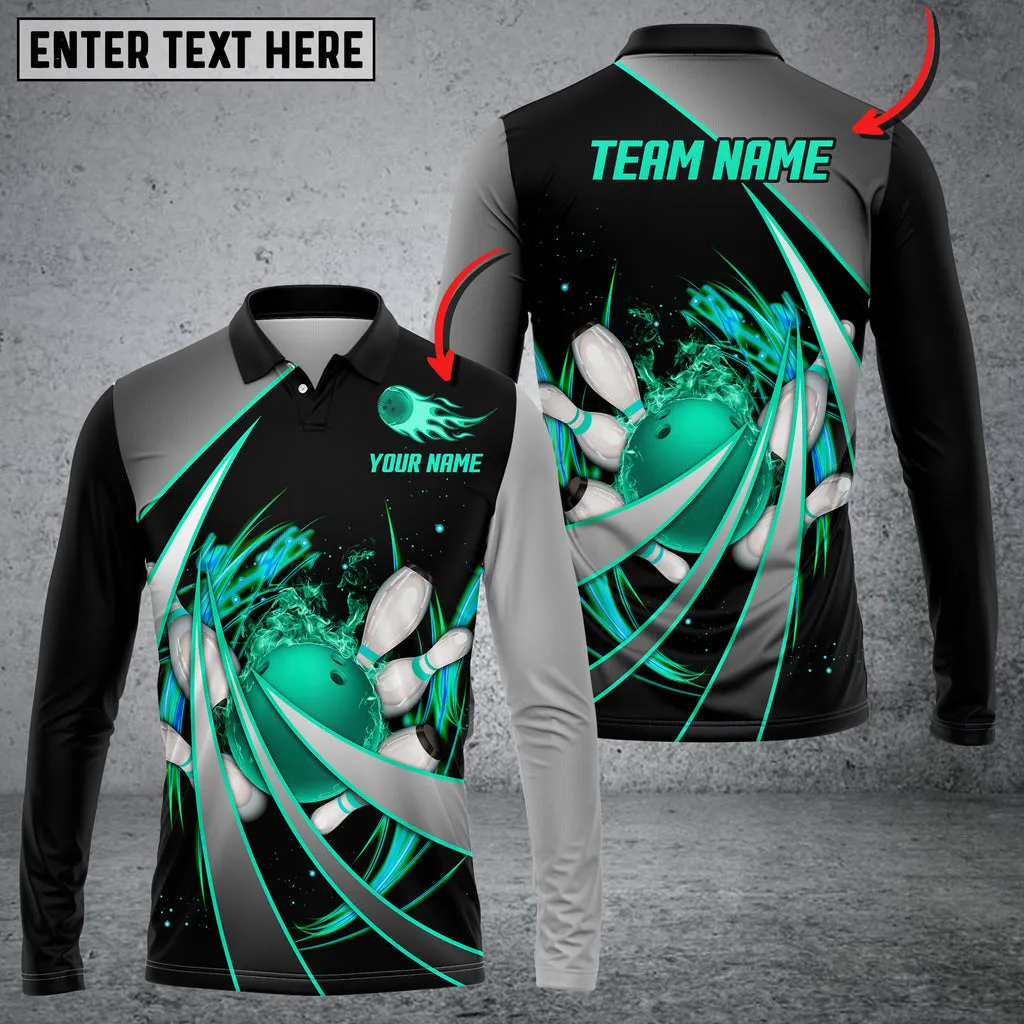 Flame Bowling And Pins Tornado Pattern Multicolor Option Customized Name Long Sleeve 3D Shirt, Idea Gift Bowling Shirt