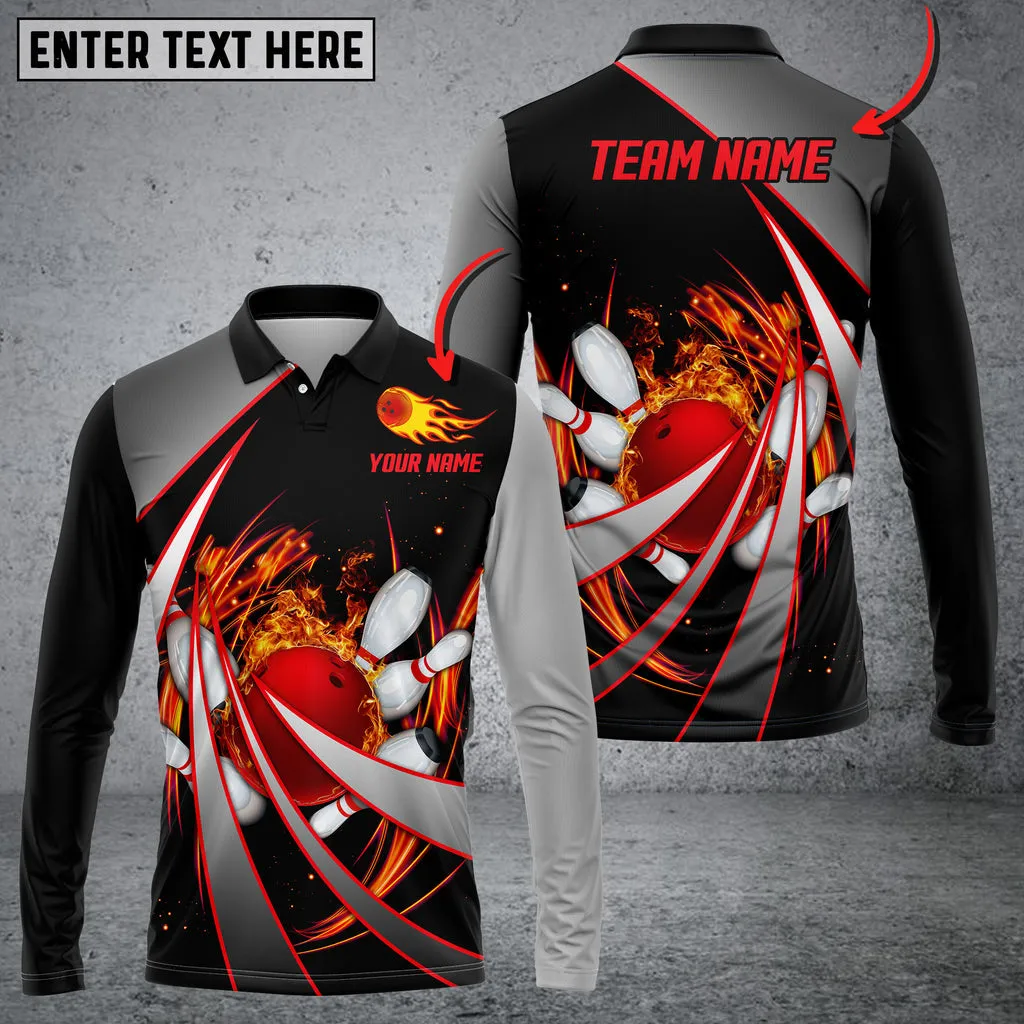 Flame Bowling And Pins Tornado Pattern Multicolor Option Customized Name Long Sleeve 3D Shirt, Idea Gift Bowling Shirt