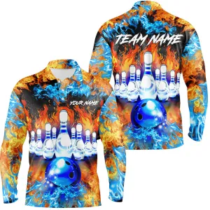Flame Bowling Ball And Pins Bowling Long Sleeve Polo Shirts For Men Custom Blue Fire Bowling Team League Jerseys