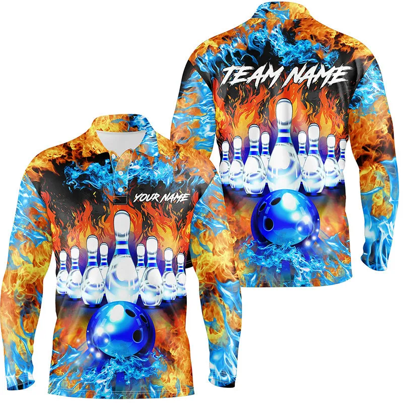 Flame Bowling Ball And Pins Bowling Long Sleeve Polo Shirts For Men Custom Blue Fire Bowling Team League Jerseys