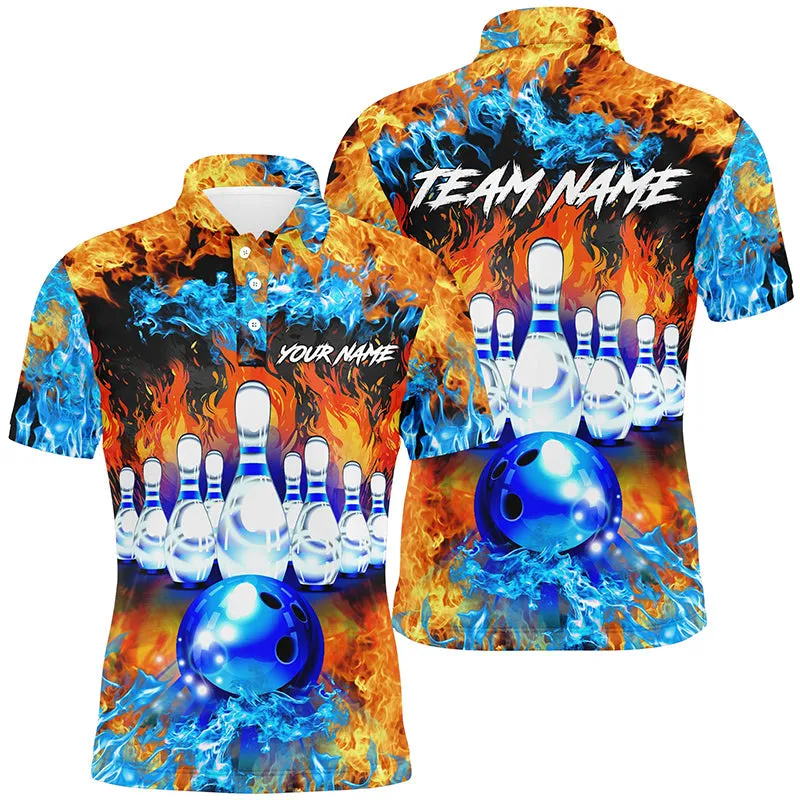 Flame Bowling Ball And Pins Bowling Long Sleeve Polo Shirts For Men Custom Blue Fire Bowling Team League Jerseys
