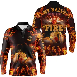 Flame Bowling Shirt Custom Name My Balls Are On Fire Bowling Polo Shirts For Men, Bowling Jersey