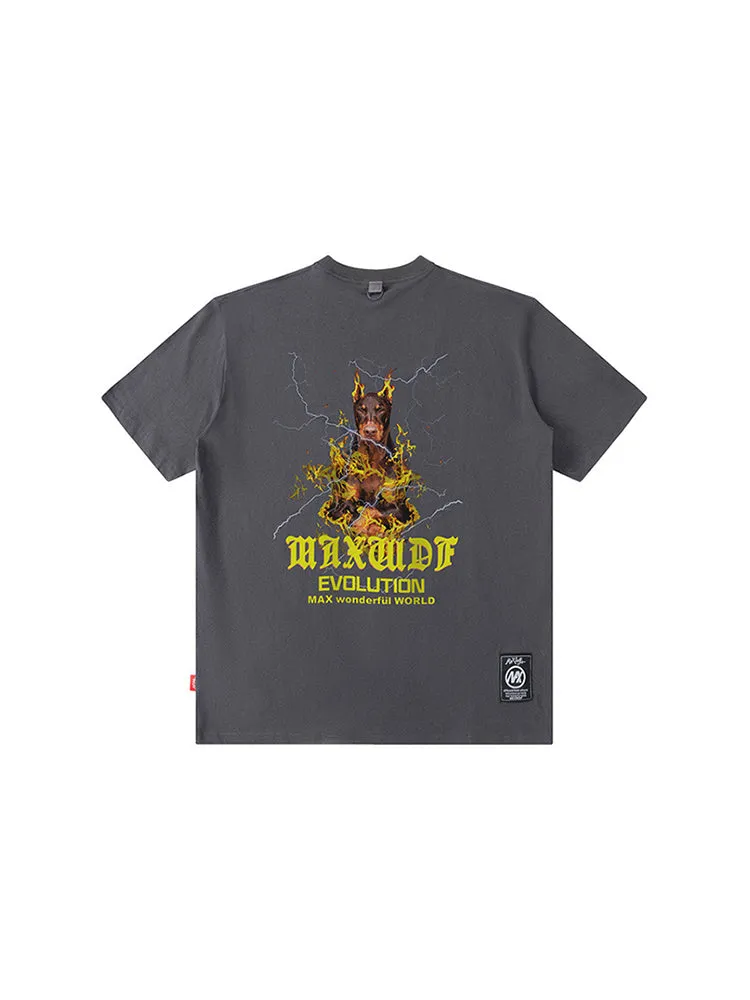 Flame Doberman Print Cartoon Vibe Loose T-Shirt
