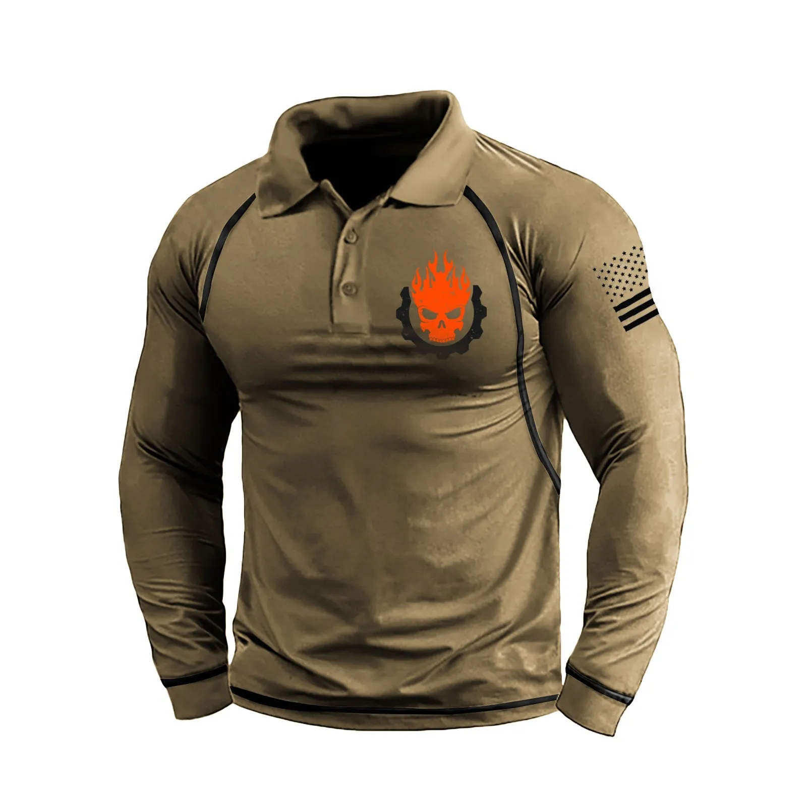 FLAME SKULL GRAPHIC RAGLAN LONG SLEEVE POLO SHIRT